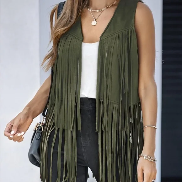 Olive Green Fringe Vest cardigan boho tassel - Picture 4 of 5